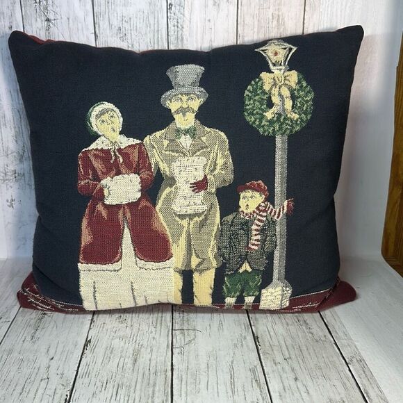 Vintage Jacquard Loomed Tapestry Panel Three Christmas Carolers Pillow - Picture 1 of 6